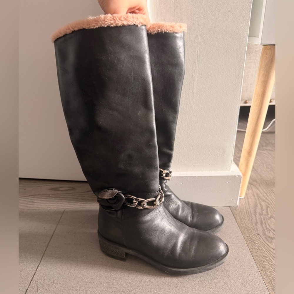 Marino Fabian made in italy black leather knee high boots pink fur trim - Picture 3 of 9